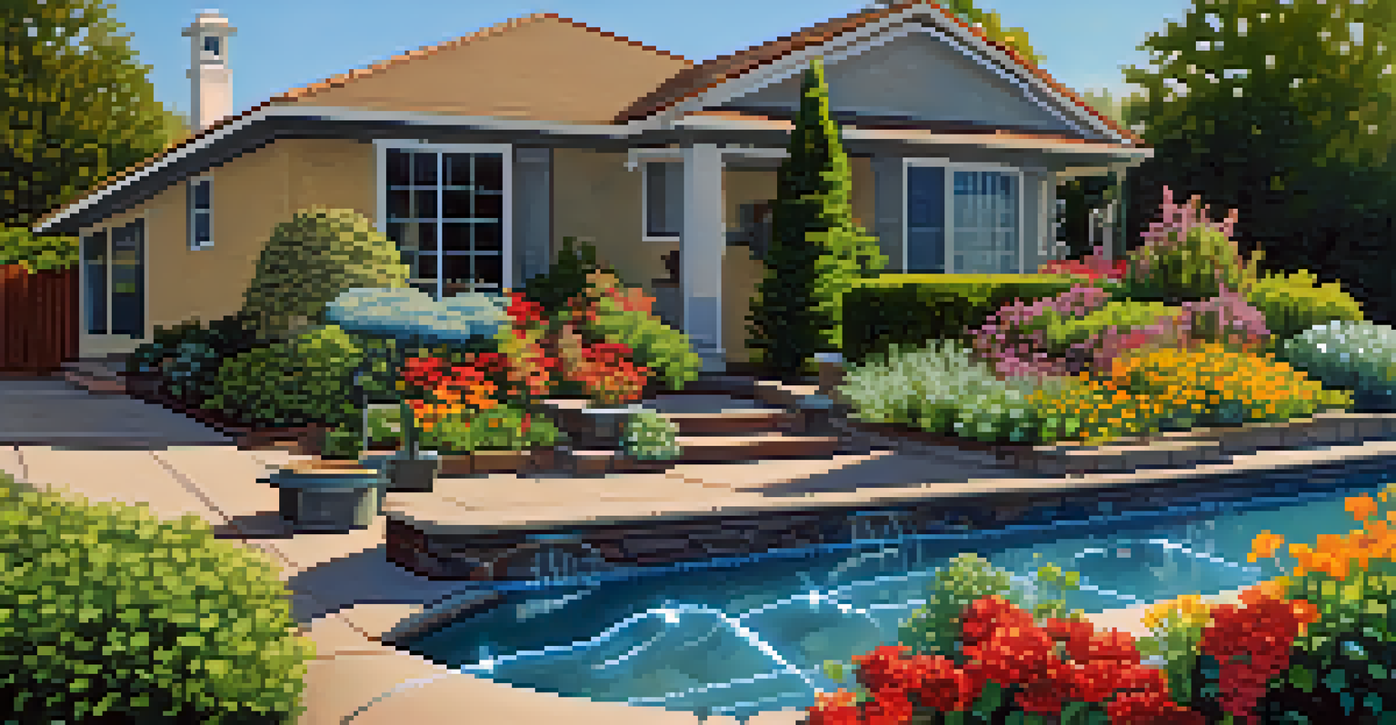 A detailed view of a smart irrigation system in a Sacramento garden, surrounded by vibrant flowers and plants, showcasing the integration of technology in gardening.