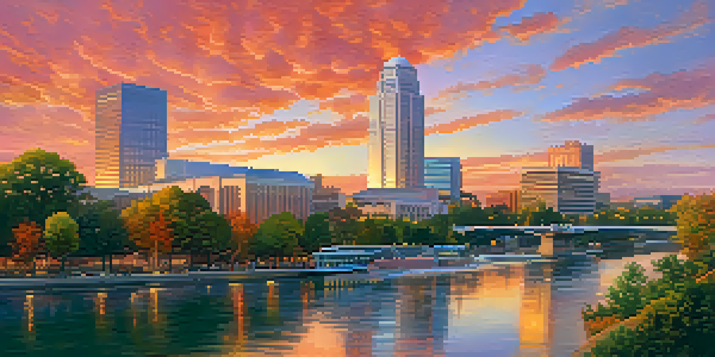 A colorful sunset over Sacramento's skyline with people using digital devices along the river.