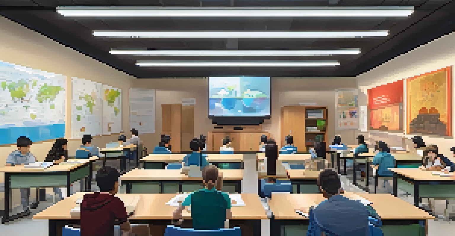 Students in a digital classroom engaging in a virtual cultural exchange with peers from different countries.