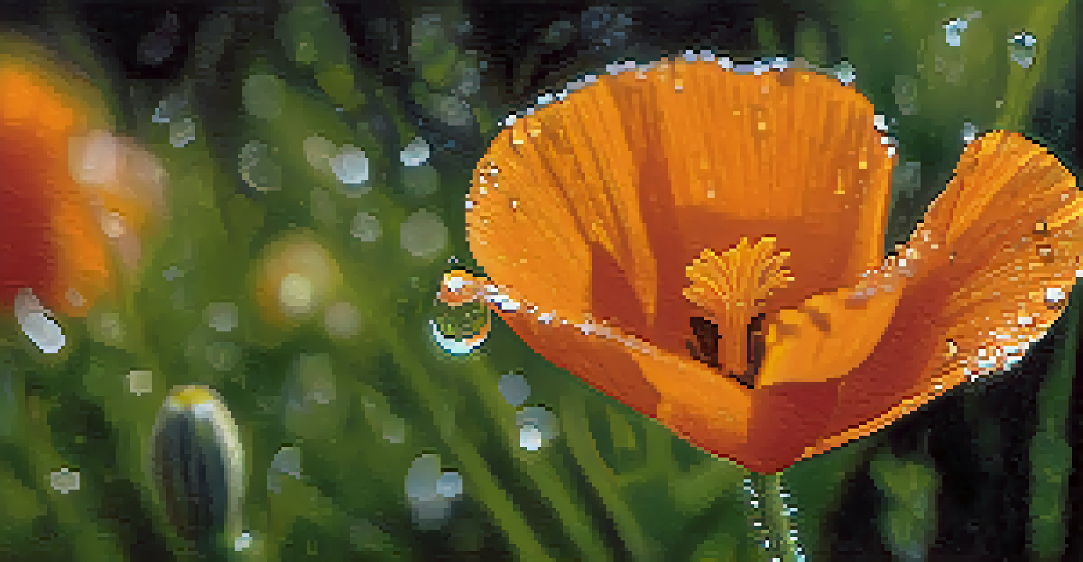 A close-up of a California poppy with dew on its petals, set against a blurred background of green foliage.