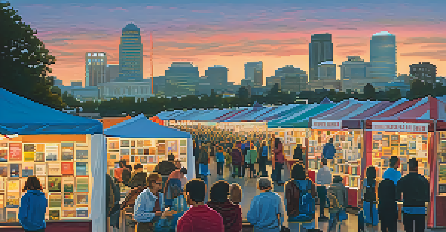 A bustling Sacramento book fair with stalls showcasing books and people engaging in conversations.