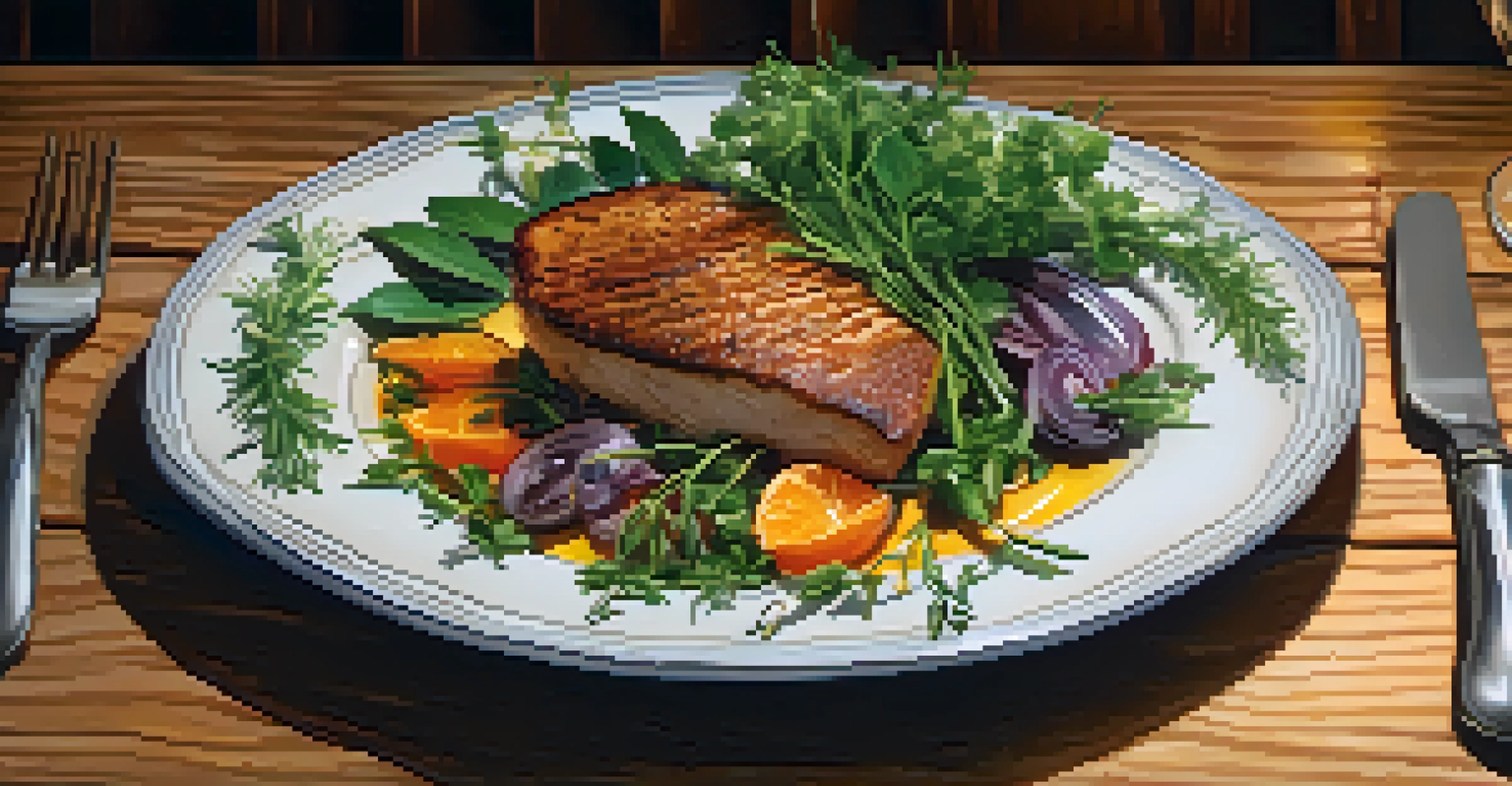 A beautifully plated farm-to-fork dish in an elegant restaurant setting, with fresh herbs and warm candlelight enhancing the ambiance.