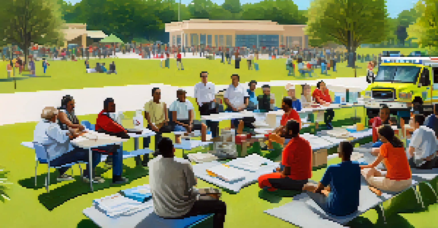 Residents participating in a disaster preparedness workshop in a park, with an instructor and emergency response vehicle in the background.
