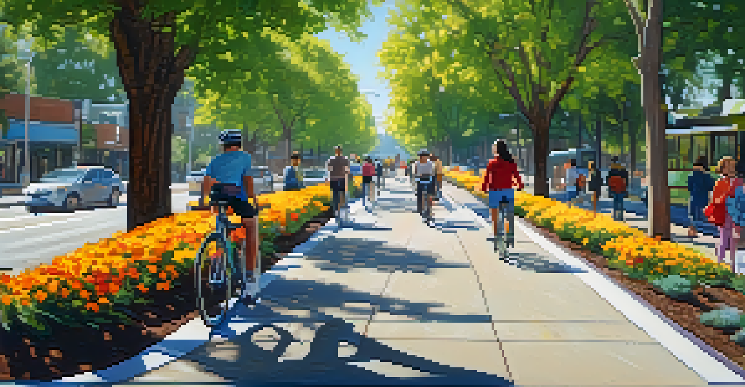 A peaceful Sacramento bike lane with cyclists and pedestrians, showcasing a blend of non-motorized and public transport.
