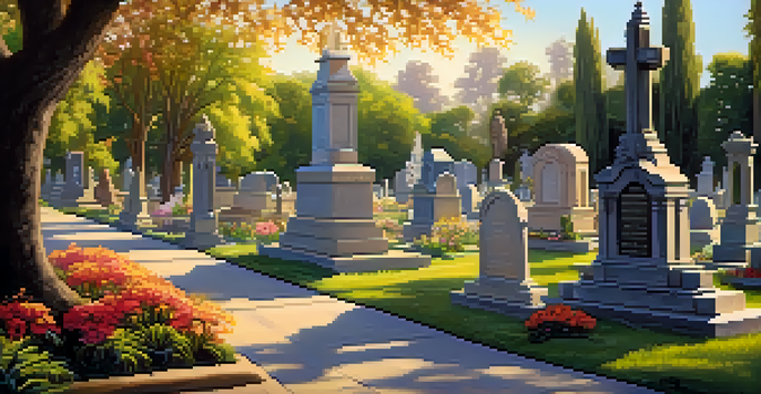 A picturesque cemetery with manicured paths and ornate gravestones, illuminated by golden sunlight.