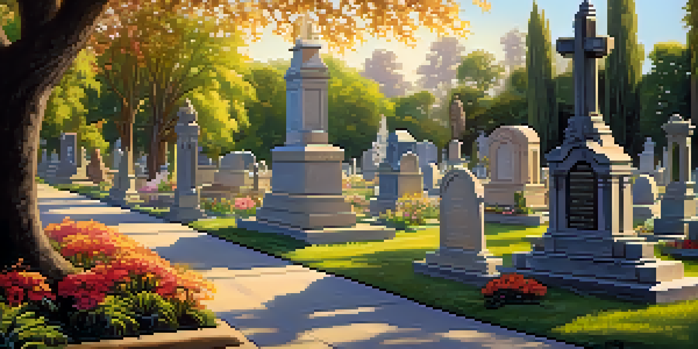 A picturesque cemetery with manicured paths and ornate gravestones, illuminated by golden sunlight.