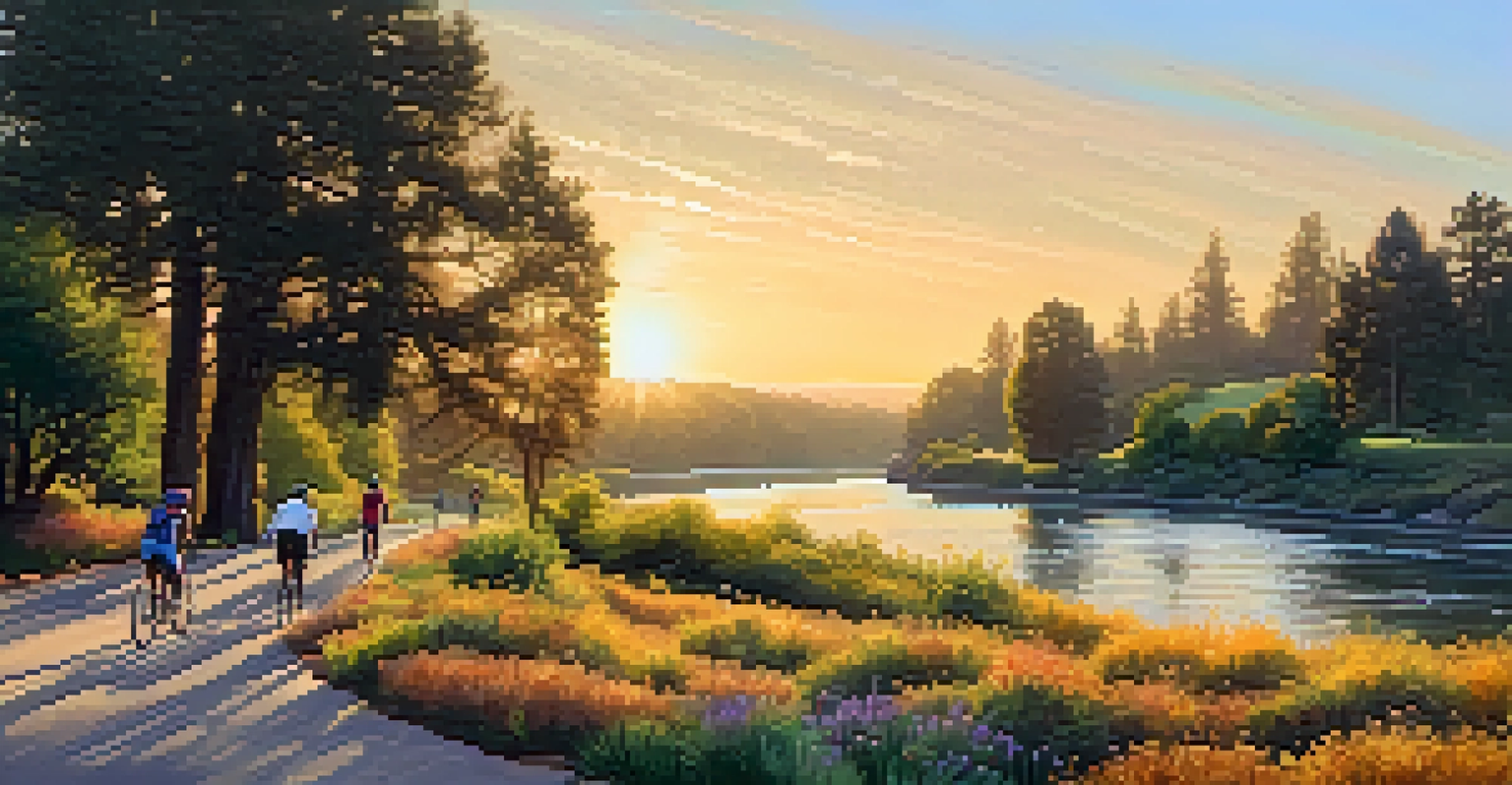 A beautiful trail along the American River with cyclists and walkers, surrounded by trees and a setting sun.