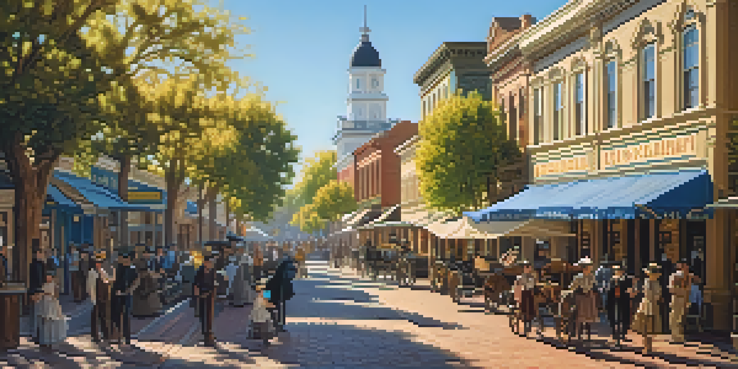 A vibrant scene of Old Sacramento with wooden sidewalks and historic buildings, filled with people in 19th-century clothing.
