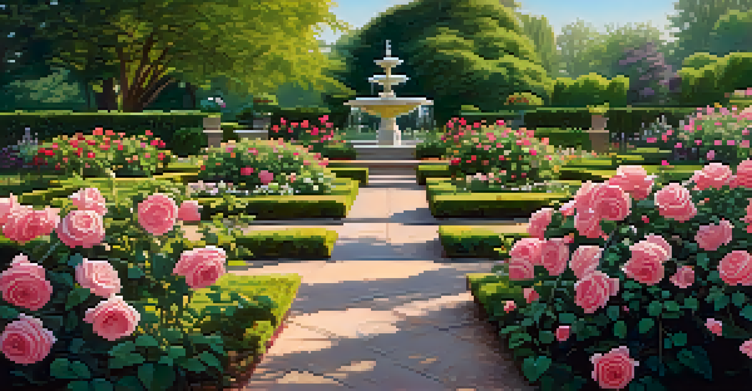 Close-up of colorful roses in the McKinley Park Rose Garden, with sunlight filtering through the leaves.