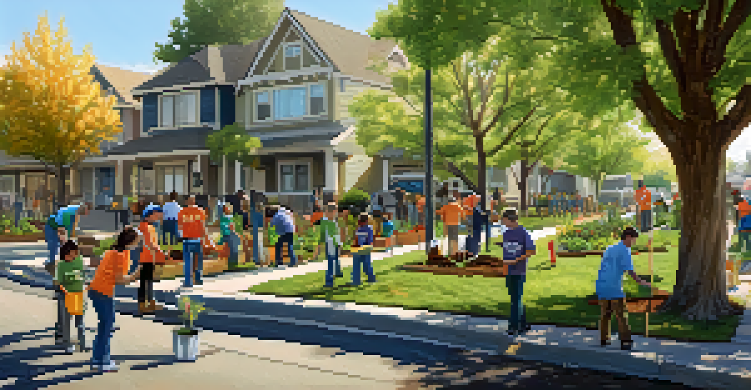 A community event where volunteers are planting trees along a sidewalk, with tools and cheerful participants in a sunny Sacramento neighborhood.