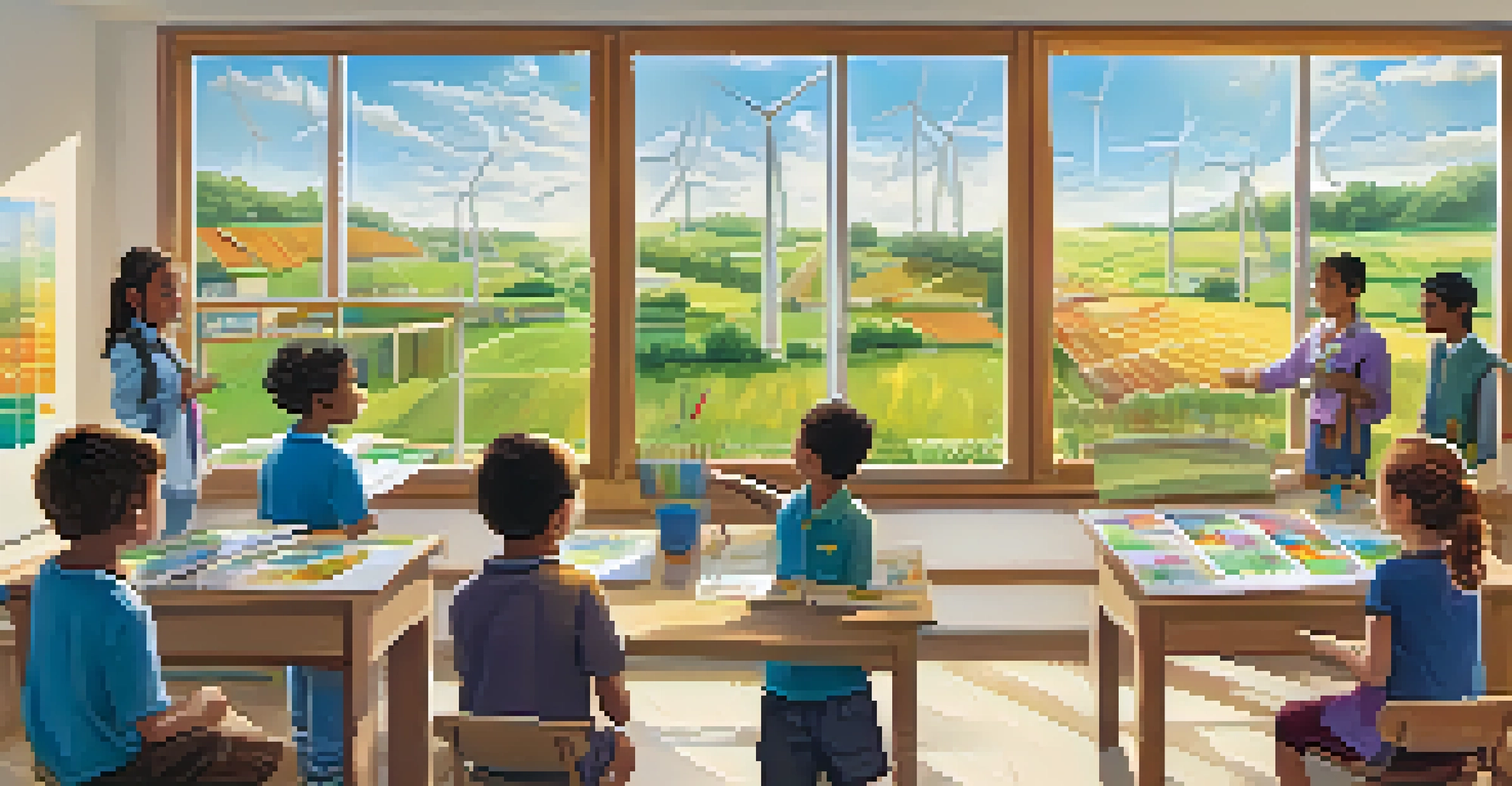 Children in a classroom learning about renewable energy with educational posters and a model, illuminated by sunlight.