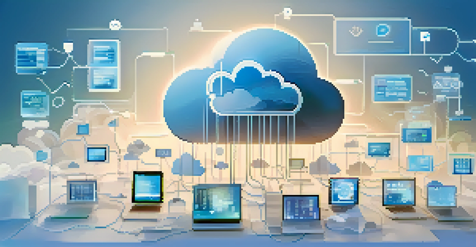 An abstract image depicting cloud computing with digital icons, representing innovation and technology.