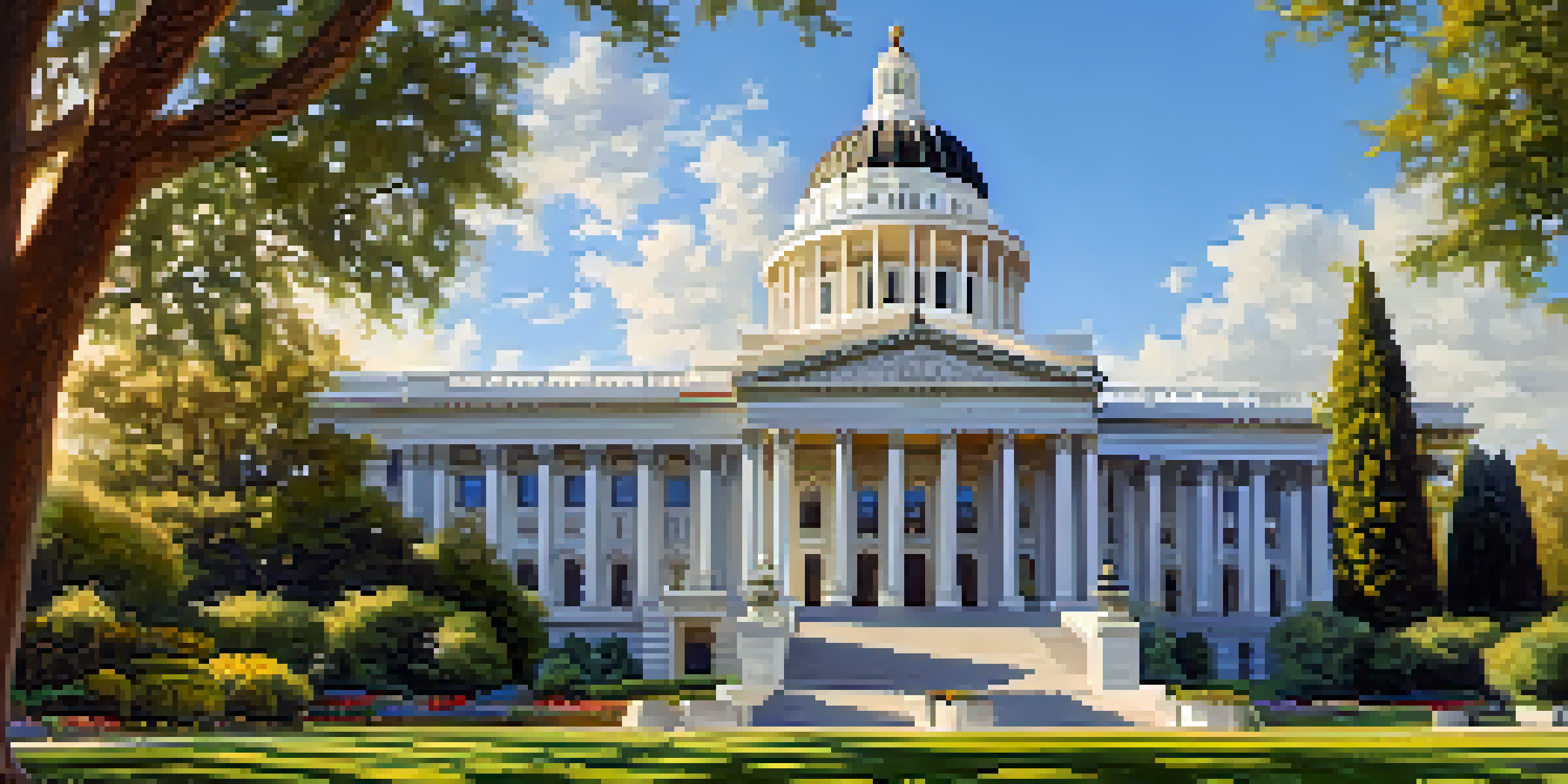 The California State Capitol building surrounded by lush gardens and clear skies, showcasing its grand dome and architecture.