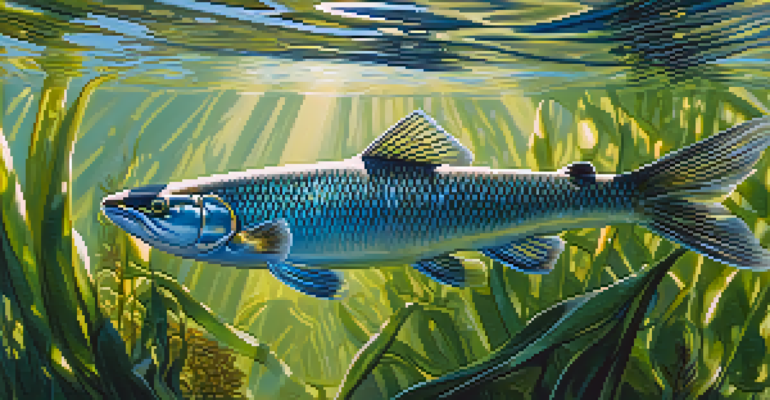 A close-up of a Delta smelt swimming in clear water, showcasing its iridescent scales and aquatic surroundings.