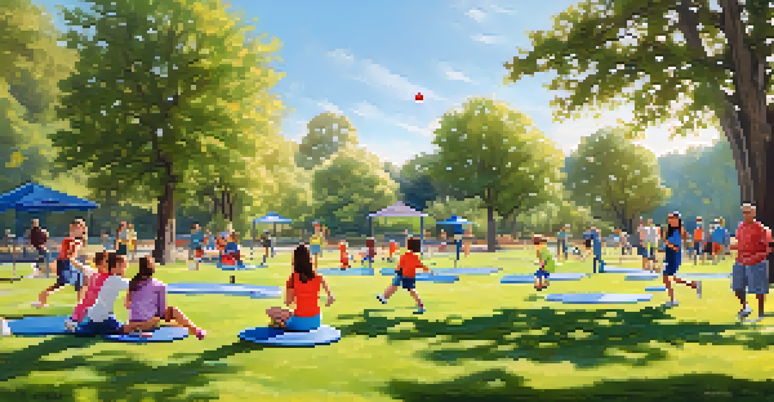 A family playing frisbee in a green park with trees and a clear blue sky, enjoying outdoor fitness activities.