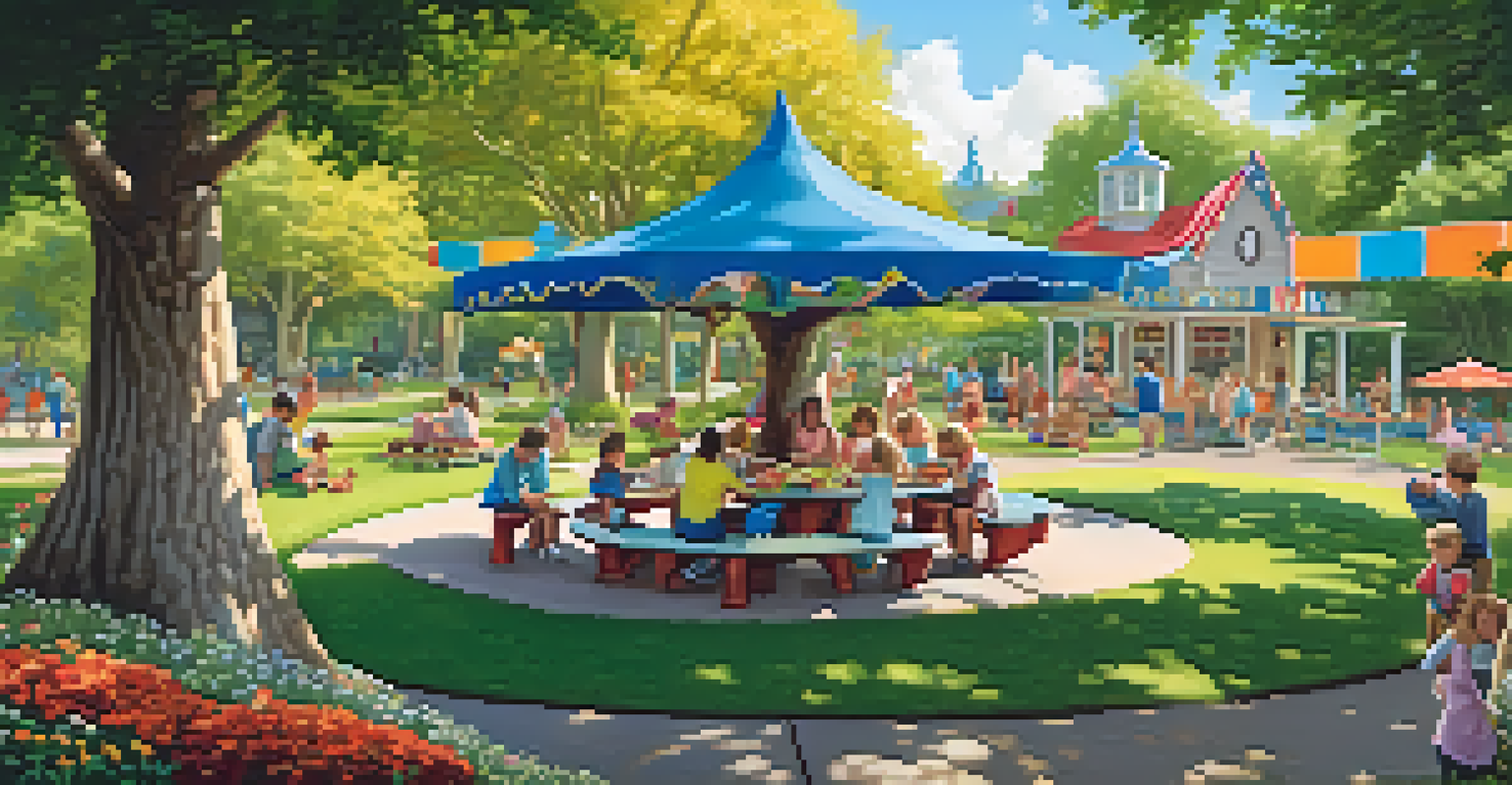 A family having a picnic under shaded trees at Fairytale Town Park, surrounded by whimsical play structures and colorful gardens.
