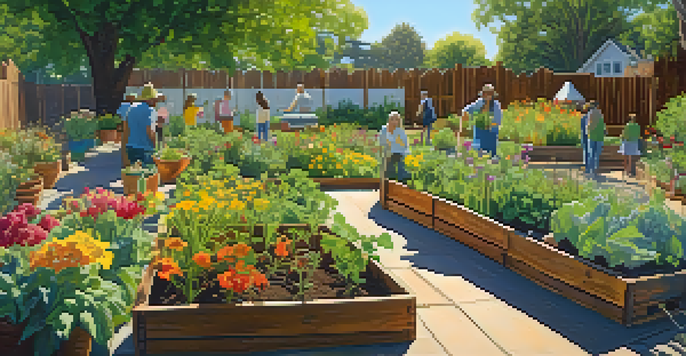 A colorful community garden with diverse plants and people working together under sunlight.