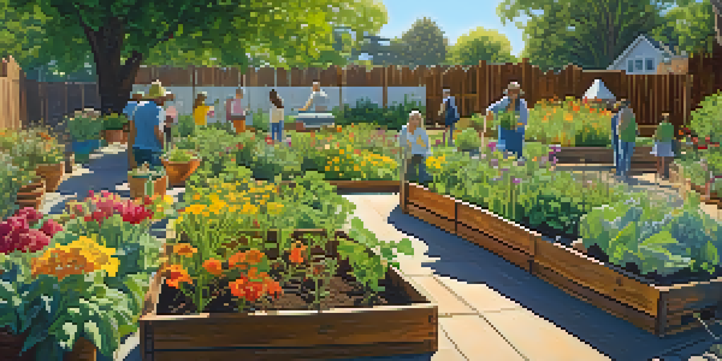 A colorful community garden with diverse plants and people working together under sunlight.
