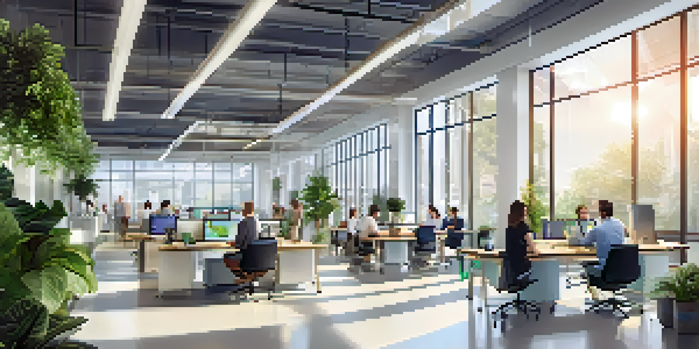 A bright office with employees collaborating on cloud software, showcasing teamwork and modern design.