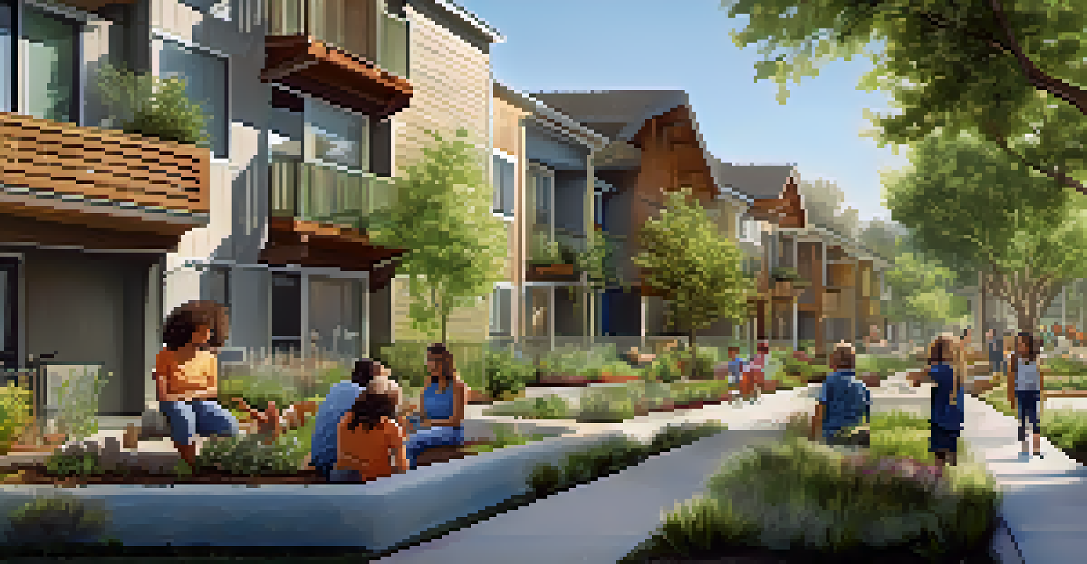 An eco-friendly affordable housing development in Sacramento with families enjoying the community garden and children playing.