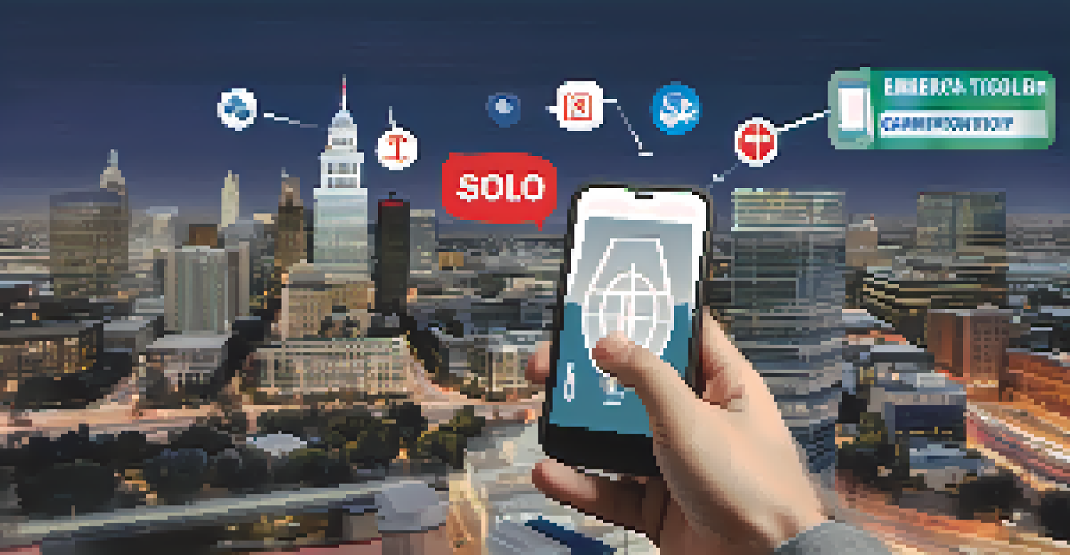A smartphone showing emergency notifications and data overlays against a blurred cityscape of Sacramento.