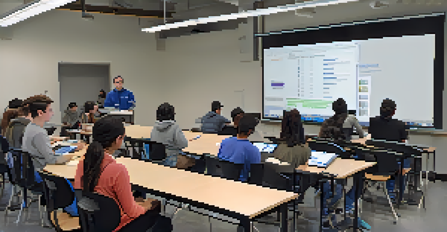 A classroom setting where an instructor teaches a technology workshop to engaged students using computers and a large screen.