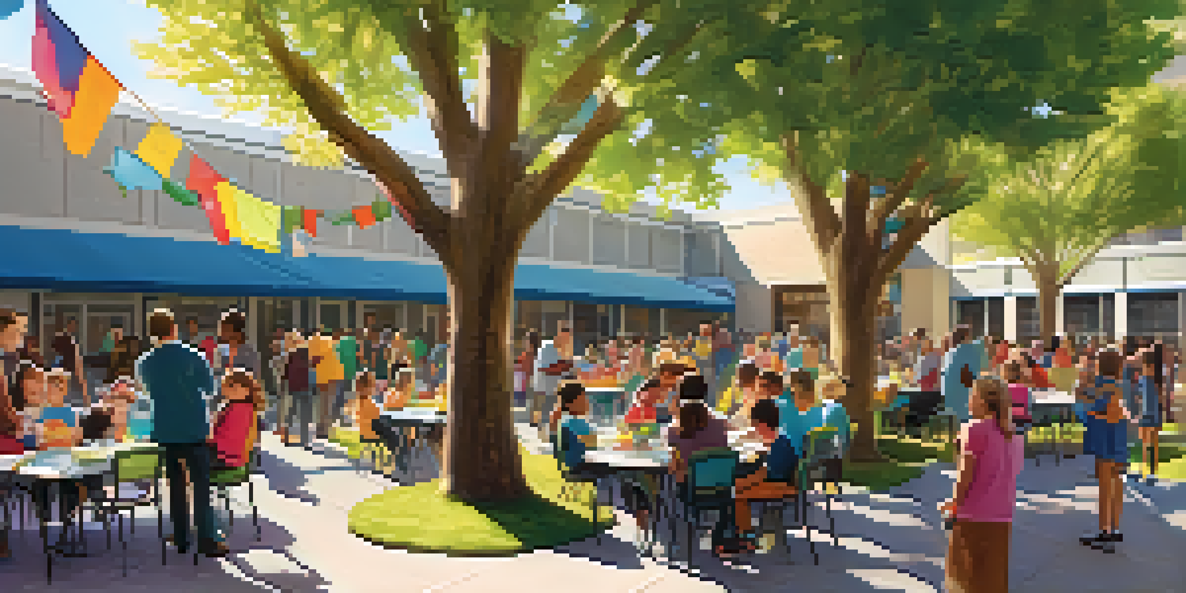 A lively school community engagement event with families and teachers interacting, colorful banners, and children participating in activities under sunny trees.