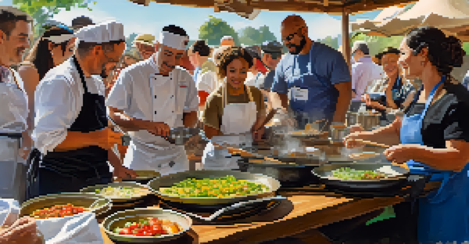 A chef demonstrating traditional cooking at a cultural festival, with an audience watching and fresh ingredients on display.