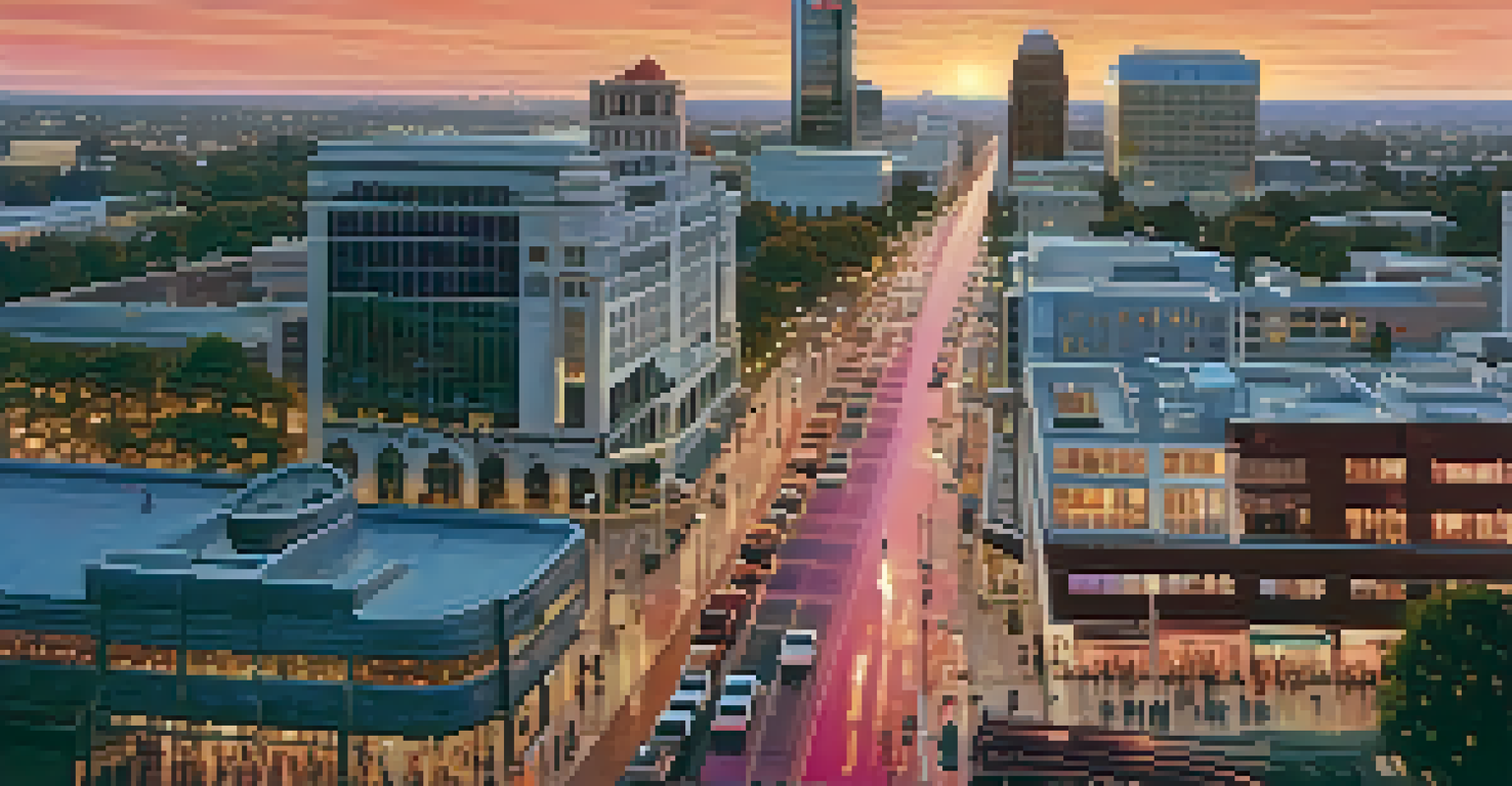 Aerial view of Sacramento's downtown skyline at sunset with colorful reflections on buildings.