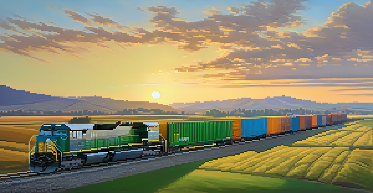 A modern freight train traveling through Sacramento's picturesque landscape, loaded with colorful containers during sunset.