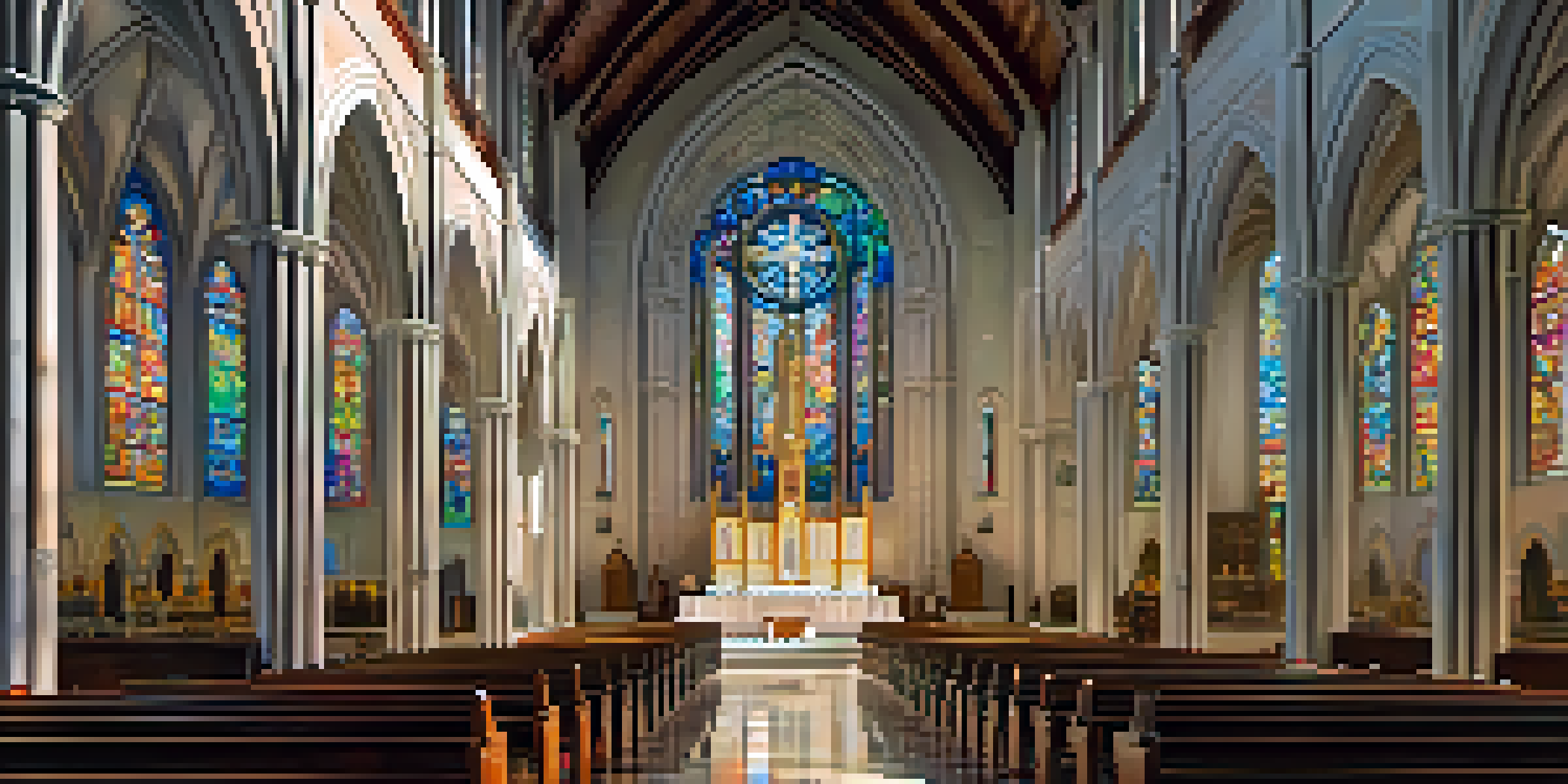 Interior view of the Cathedral of the Blessed Sacrament with stained-glass windows and a majestic altar, illuminated by warm sunlight.
