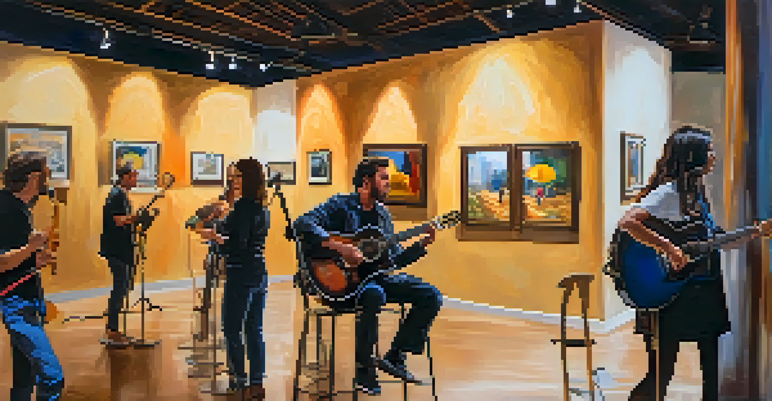 An interior gallery scene during Sacramento's Art Walk with a musician performing live among beautiful art.