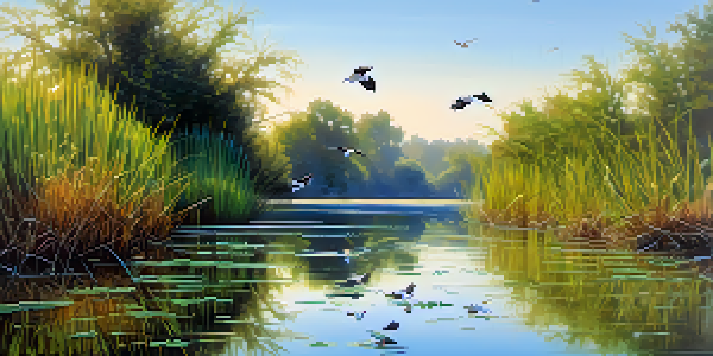 A peaceful wetland landscape in Sacramento with green reeds, a blue sky, and birds in flight, reflecting on the water.
