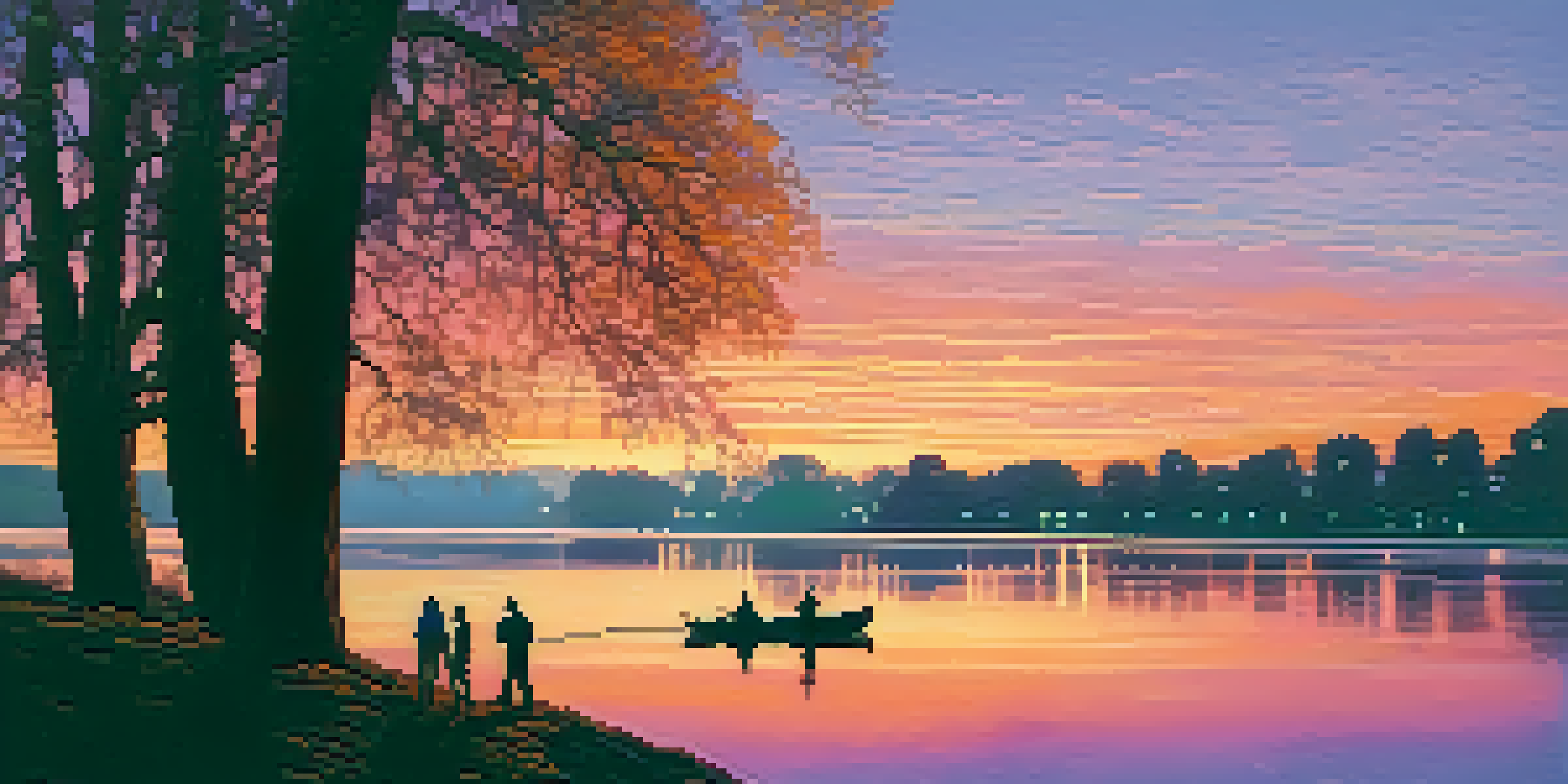 A scenic sunset view over the Sacramento River with colorful reflections and silhouettes of trees, featuring a couple walking along the riverfront.
