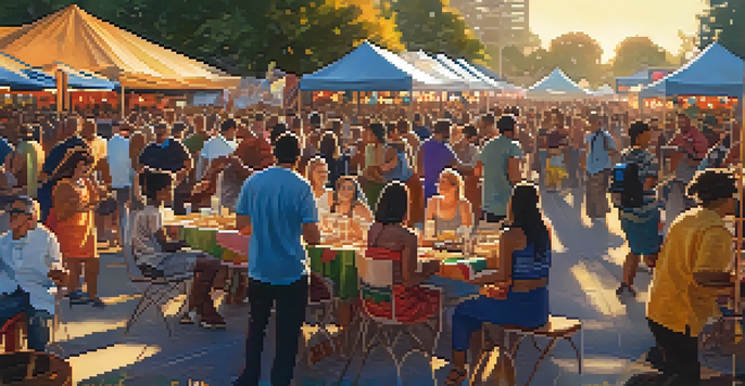 A lively Sacramento Music Festival with diverse attendees dancing to live music under colorful banners.