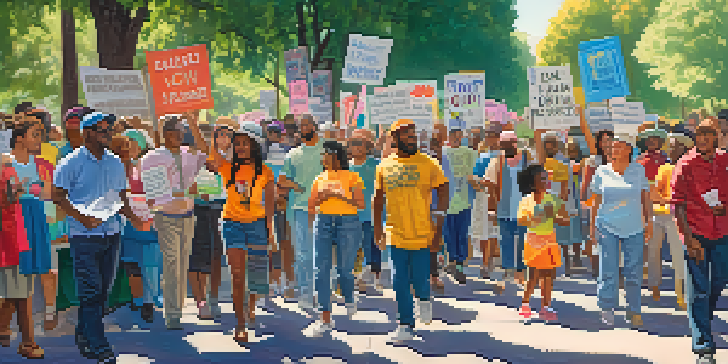 A lively rally in Sacramento with diverse activists holding colorful signs under sunlight.