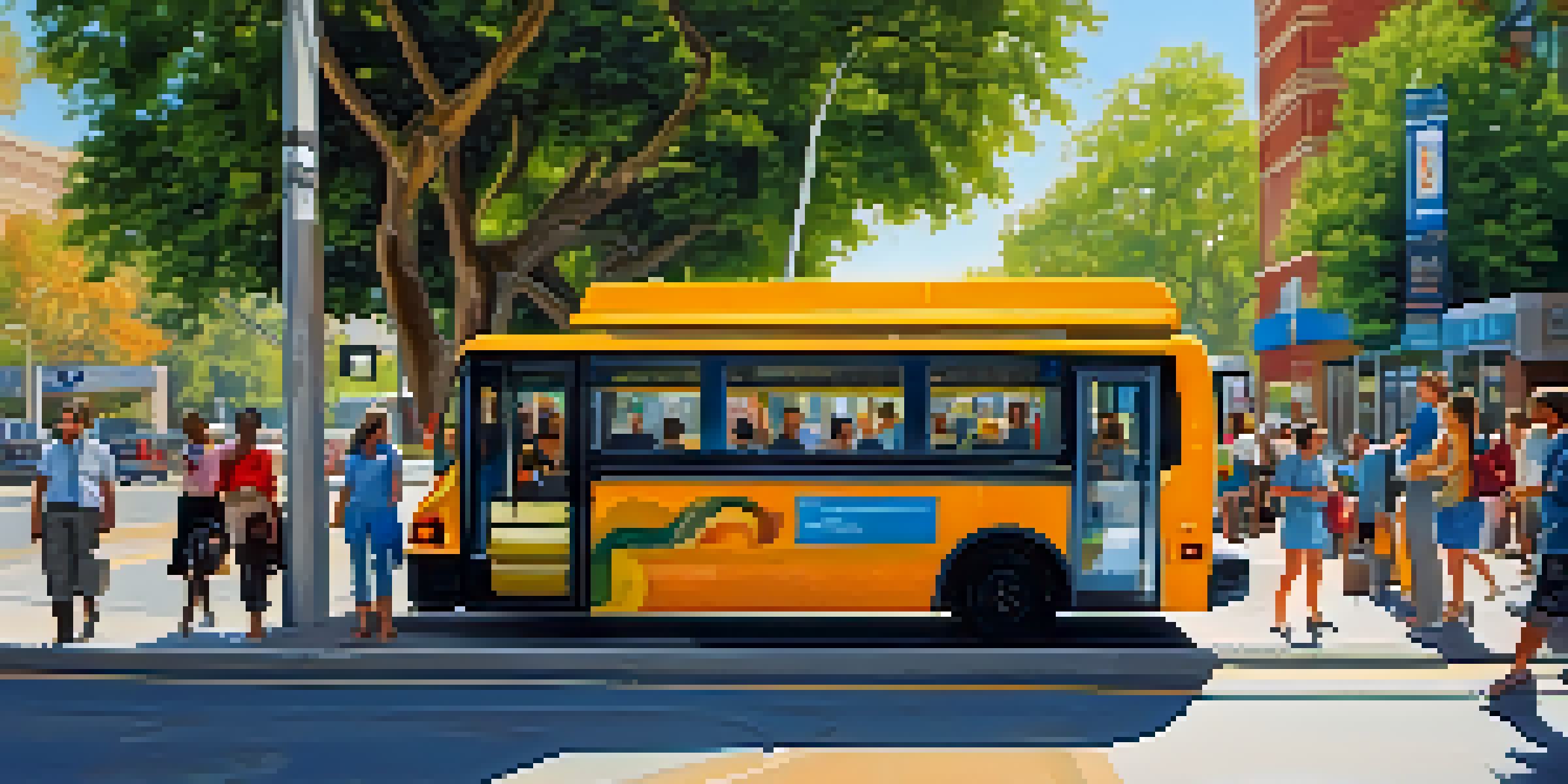 A busy urban street in Sacramento with diverse people at a modern bus stop surrounded by buildings and trees.