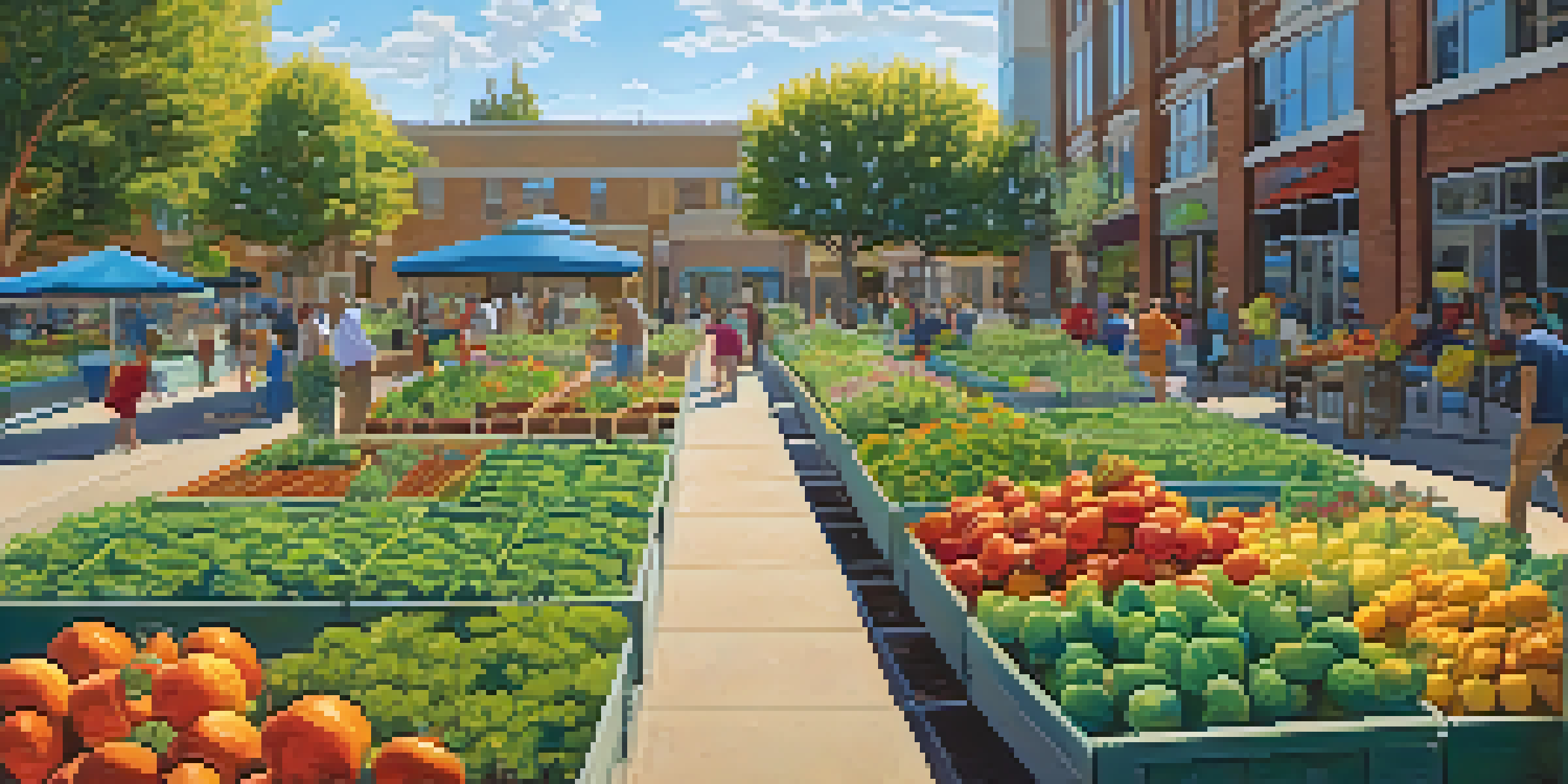 A community garden in an urban setting, with people gardening and colorful plants.