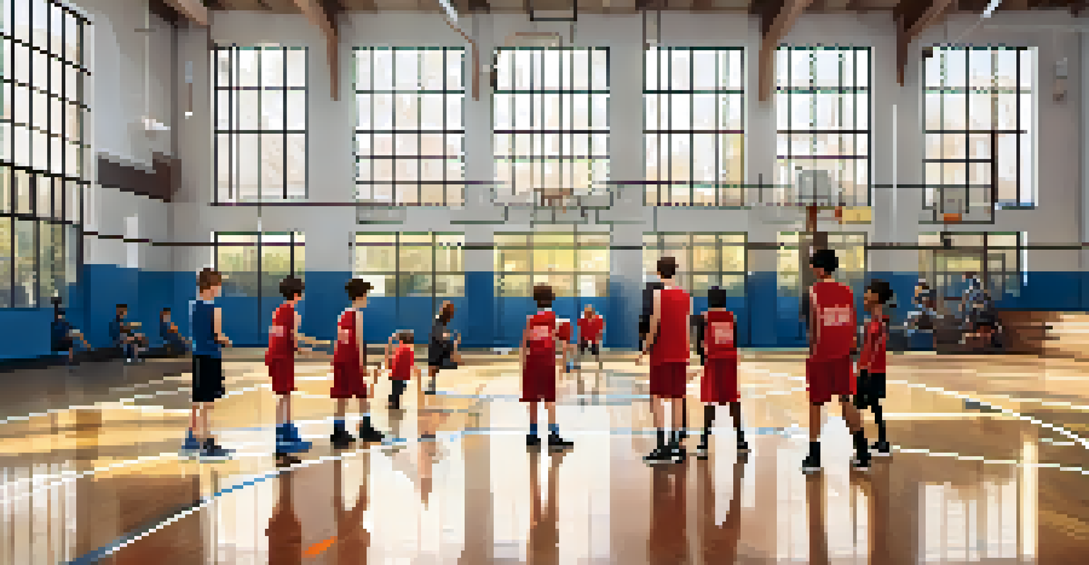 Young athletes practicing basketball in a bright gym, with coaches guiding them and motivational posters on the walls.