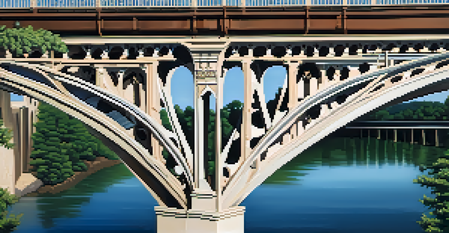 Close-up view of the ornate details on the Sacramento River Bridge, surrounded by greenery.