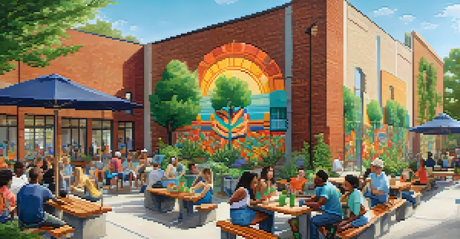 A community gathering space with a colorful mural and people interacting in a landscaped area.