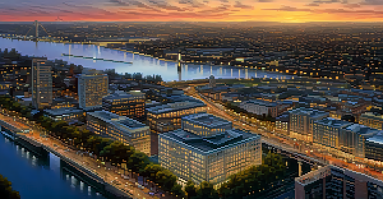An evening aerial view of Sacramento, showcasing smart technology in urban infrastructure and vibrant community spaces by the river.