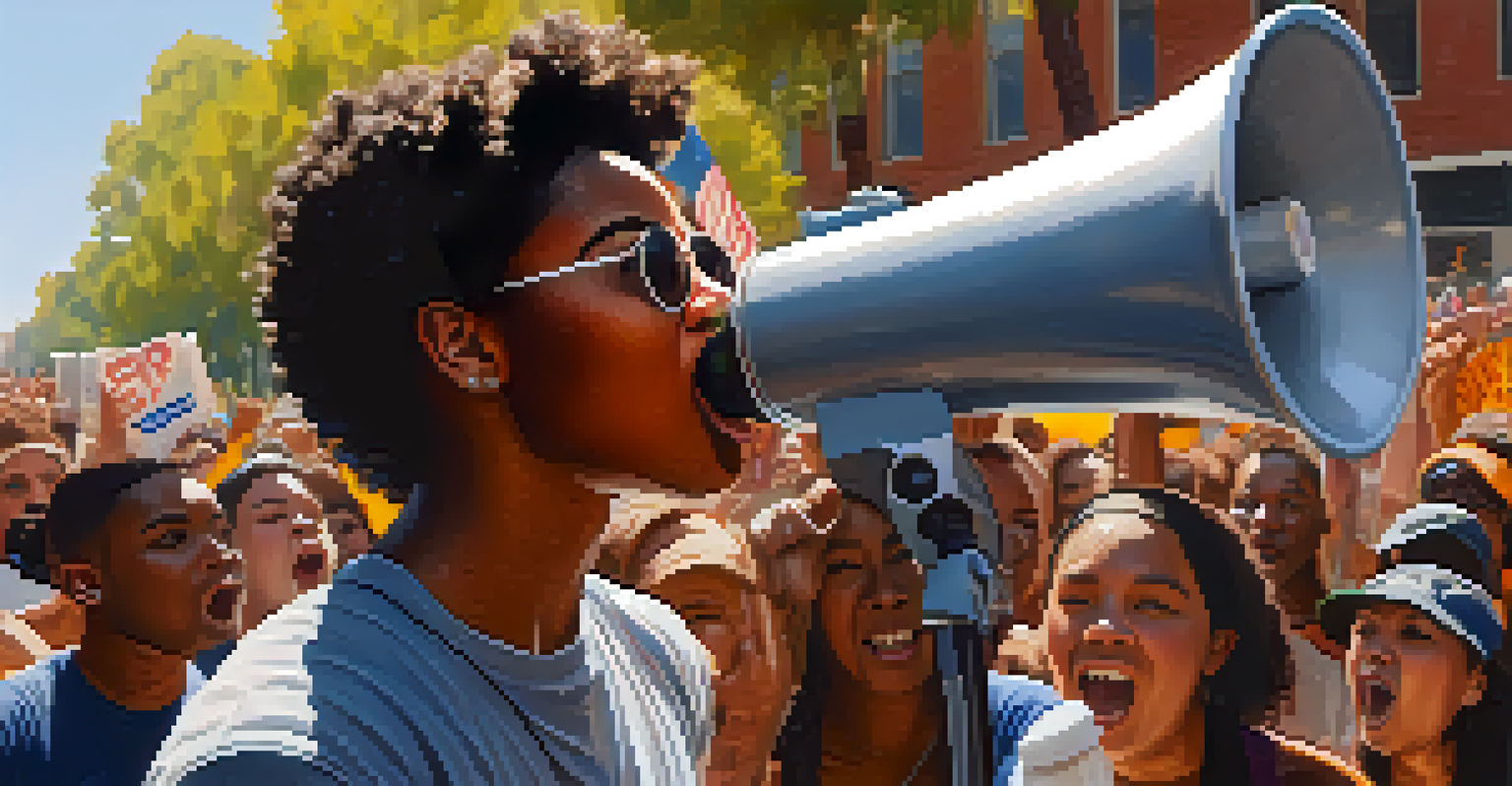 A young activist speaking into a megaphone at a protest, surrounded by a supportive crowd.