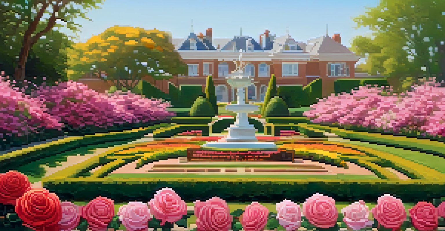 A beautiful rose garden in a park, with a family walking along a path, surrounded by blooming roses and greenery.