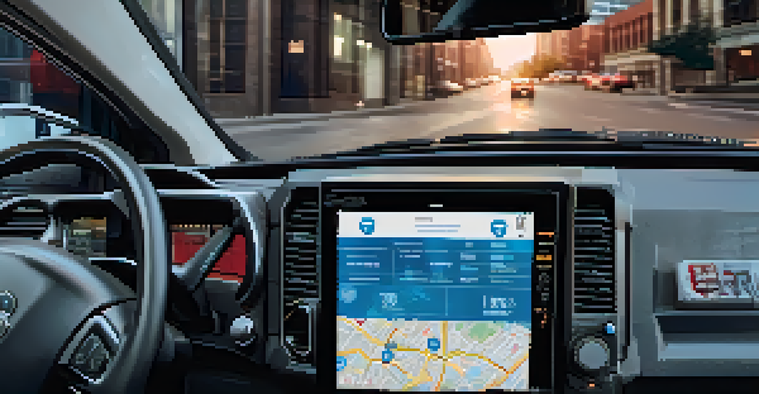 A close-up of a mobile data terminal in a first responder vehicle, showing real-time data and maps with urban streets in the background.