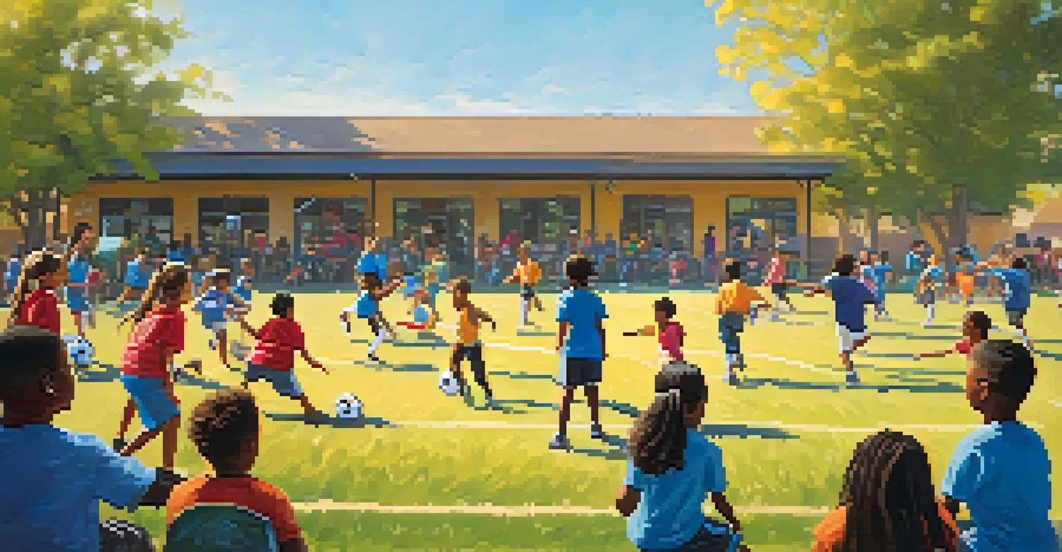 Children participating in a soccer workshop as part of a youth program in Sacramento, with mentors and community members cheering them on.