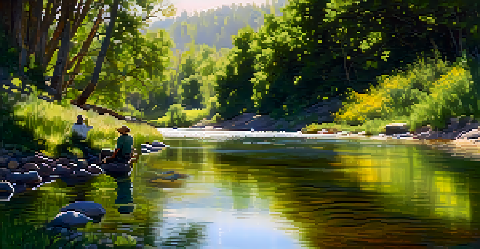 An angler sitting by the clear waters of Cache Creek, surrounded by trees and wildflowers, with sunlight creating patterns on the water.
