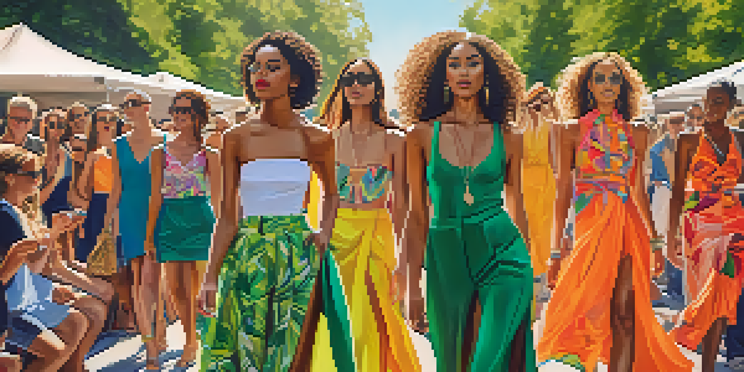 An outdoor fashion show in Sacramento with diverse models wearing colorful outfits, surrounded by a cheering crowd and greenery.