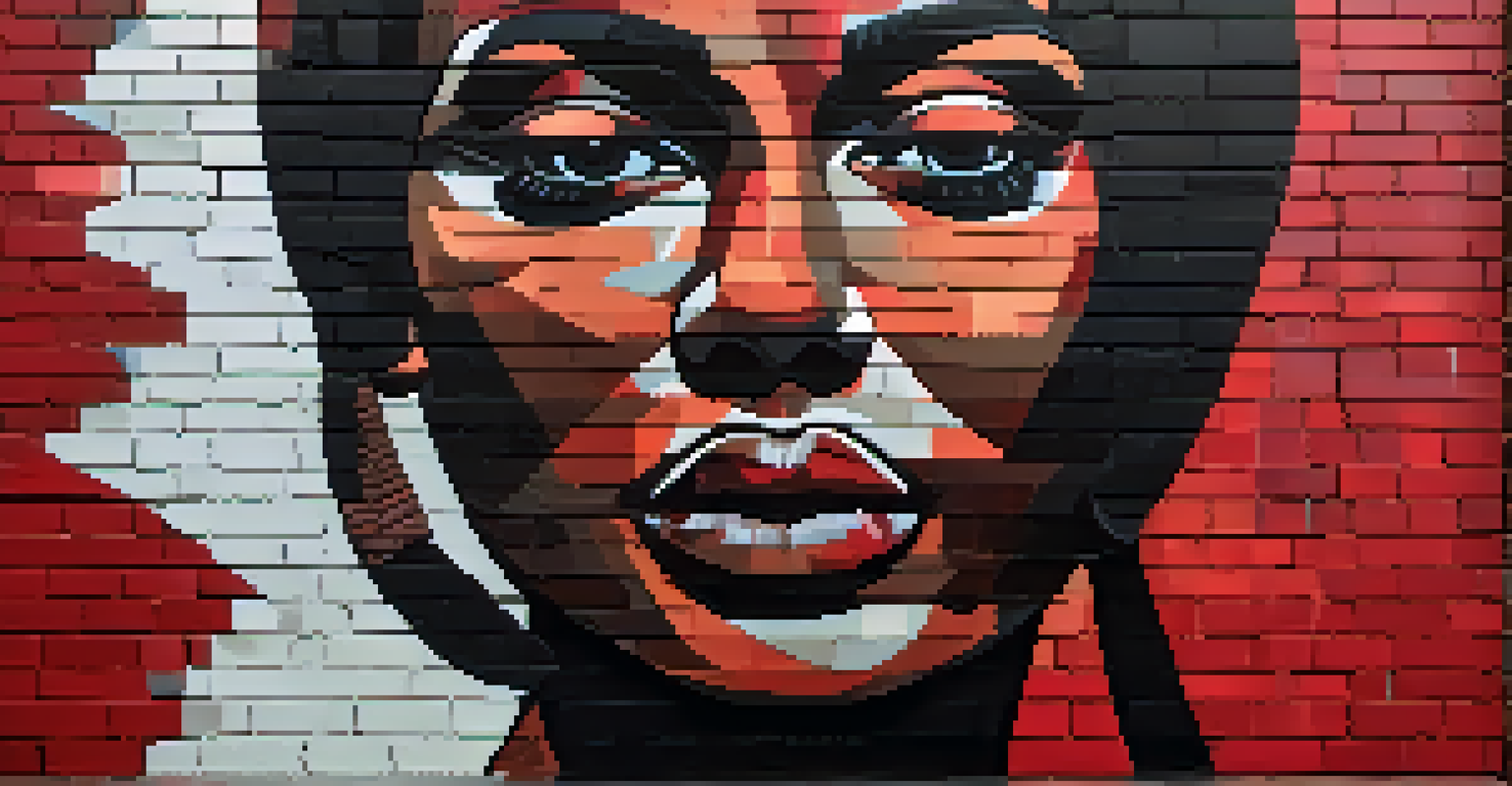 A detailed close-up of a textured mural focused on social justice themes, with bold colors and powerful imagery on a brick wall.