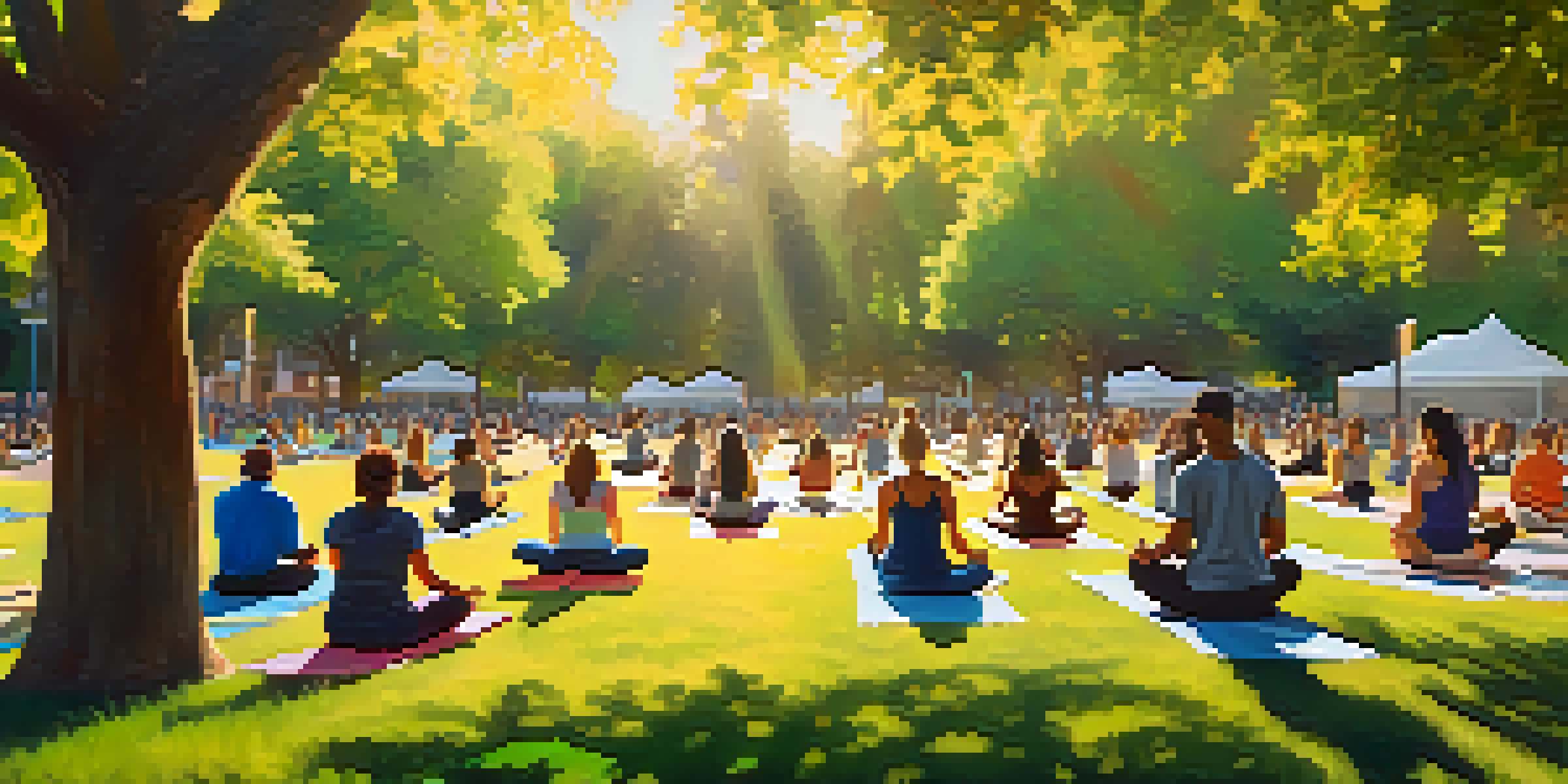A peaceful park in Sacramento, filled with people participating in a mental health awareness event, with trees and soft sunlight.